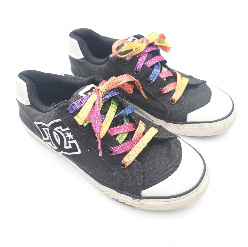DC kids black low top sneakers rainbow laces Size 4 Youth